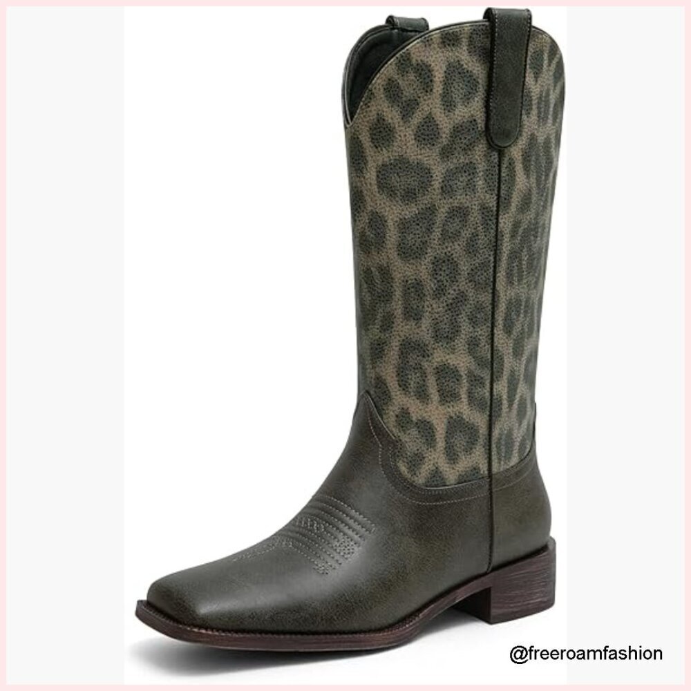 Mid Calf Cowgirl Boots Square Toe Chunky Low Heel Western Leopard Print
